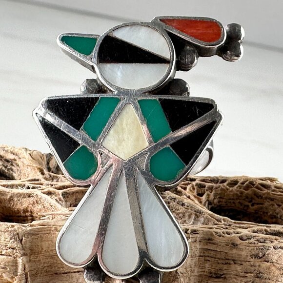 Early Vintage Zuni Native American Bird Ring Inlaid Gemstones Size 5 - Picture 2 of 13